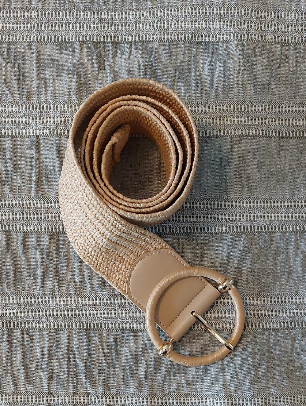 Woven Tan Straw Waist Belt with Round Buckle L
